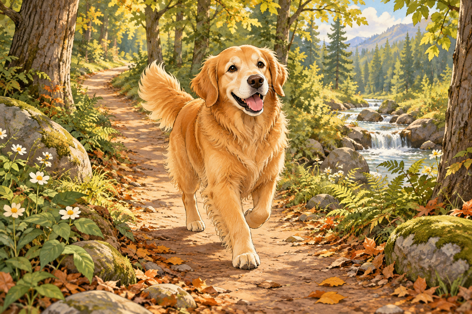 Cartoon storybook illustration of a golden retriever exploring sunlit woods